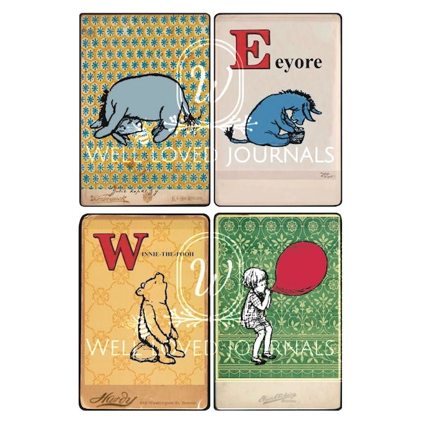 Vintage Winnie the Pooh Journal Cards, Grungy, A A Milne, Christopher Robin, Eeyore, Piglet, Scrapbooking, Junk Journaling, Digital Download