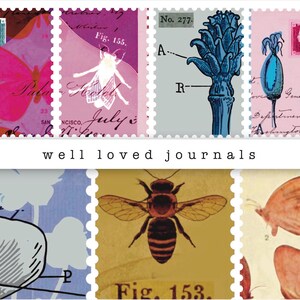 May include: A collection of postage stamp-style images with botanical and insect illustrations. The stamps feature butterflies, bees, and plant diagrams in shades of pink, blue, and yellow. The text "well loved journals" is at the bottom.