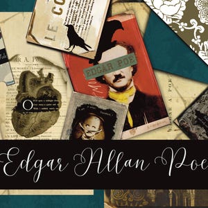 Edgar Allan Poe Digital Junk Journal Kit – 31 papéis, incluindo envelopes, cartões de diário, etiquetas, cartas, papéis estampados, páginas de diário