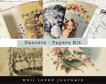May include: A collection of vintage-style paper sheets featuring illustrations of dancers, floral motifs, and cursive script text. The set includes sepia-toned and colour prints with various artistic designs, labelled as Dancers - Papers Kit by well loved journals.