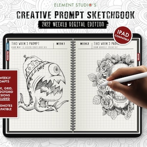 Puede incluir: Una aplicación de cuaderno de bocetos digital en un iPad con una ilustración en blanco y negro de un monstruo en la página izquierda y una calavera con rosas en la página derecha. La aplicación se llama "Creative Prompt Sketchbook" y es compatible con Goodnotes.