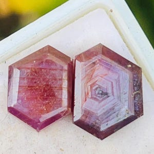 Może przedstawiać: Wyświetlane są dwa sześciokątne kamienie szlachetne o czerwonofioletowym odcieniu. Kamienie są umieszczone na białym tle z rozmytym zielonym tłem. Widoczne są fasetki kamieni, prezentujące ich unikalne wewnętrzne wzory i wariacje kolorystyczne.