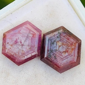 以下が含まれることがあります： ピンクがかった赤色の六角形の宝石が2つ。内部に模様があります。白い表面に置かれ、背景はぼやけた緑色です。宝石はカットされ研磨されたような、多面的な外観をしています。