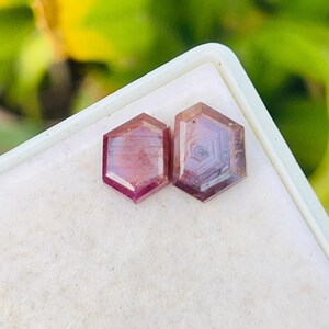 Puede incluir: Dos gemas hexagonales facetadas, de color rojo púrpura, se muestran en una bandeja blanca. Las gemas tienen un patrón geométrico interno y se destacan sobre un fondo verde borroso. Las gemas son probablemente para la fabricación de joyas.