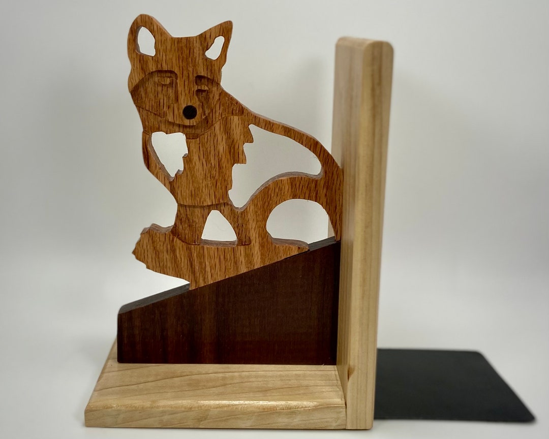 Clever Fox Wood Bookend Red Oak Walnut & Poplar Office, Home or Kids
