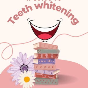 May include: A guide to teeth whitening featuring a stack of books, a smiling mouth, and flowers. Learn about the myths, processes, and effective ways to bring back a pearly white smile.
