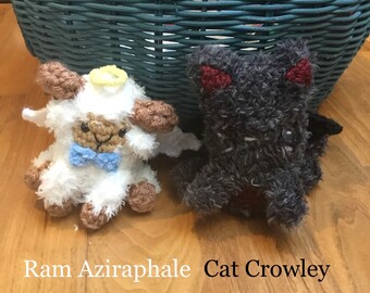 Ram Aziraphale and cat Crowley, ineffable husbands, crochet pattern (intermediate amigurumi)