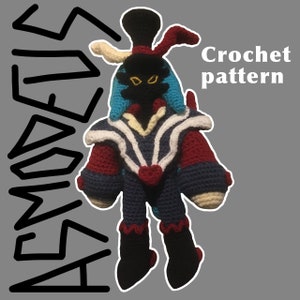 May include: Crochet pattern for a blue, red, white, and black amigurumi figure with a heart on its chest. The figure has a tall hat and horns. The text "Crochet pattern" is visible in the image.