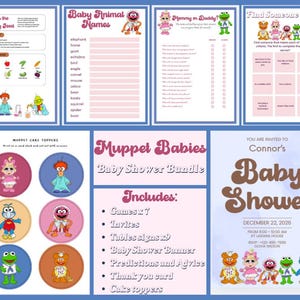 Peut inclure: Un ensemble de fête prénatale avec des personnages des Muppet Babies. L'ensemble comprend des jeux, des invitations, des panneaux de table, une bannière, des prédictions, des conseils, des cartes de remerciement et des décorations de gâteaux. L'invitation est pour la baby shower de Connor le 22 décembre 2026.