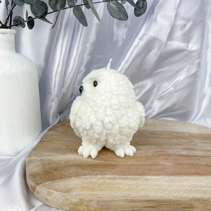 May include: A white, owl-shaped candle with textured feathers and small black eyes. The candle sits on a wooden cutting board, with a white vase and eucalyptus sprigs in the background. The candle is a decorative item.