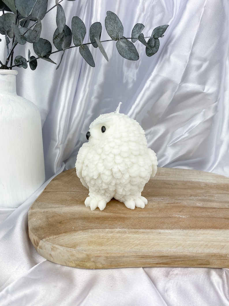 May include: A white, owl-shaped candle with textured feathers and small black eyes. The candle sits on a wooden cutting board, with a white vase and eucalyptus sprigs in the background. The candle is a decorative item.