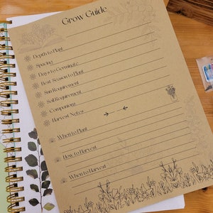 May include: A brown paper grow guide with a floral design. The guide includes sections for depth to plant, spacing, days to germinate, best season to plant, sun requirement, soil requirement, companions, harvest notes, when to plant, how to harvest, and when to harvest.