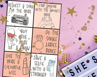 May include: A pink and white printable bridal shower game card with instructions for guests to complete tasks like "Request a song for the bride" and "Take a selfie with a stranger".