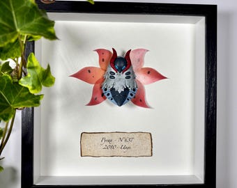Shiny Volcarona #637 - Miniature collectible Pokemon in entomology & taxidermy style, framed