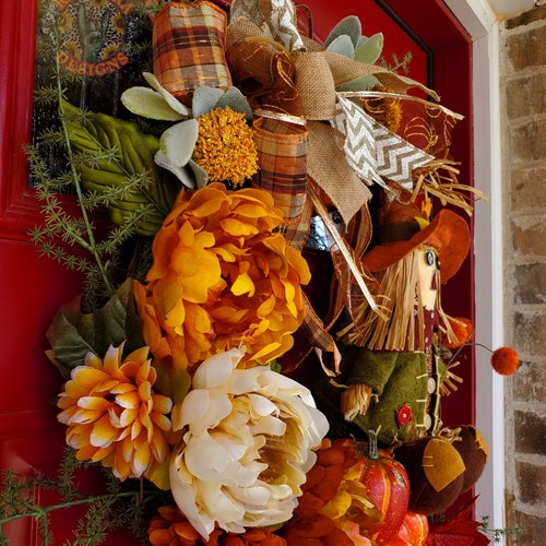 Scarecrow Doll Wreath|Fall orders Door Hanger|Peony|Grapevine|Pumpkins