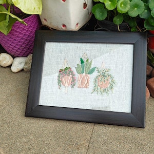Hand-Embroidered Hanging Plants Wall Art – Botanical Decor in Black Frame