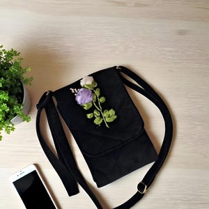 Black Sling Bag with Floral Ribbon Embroidery – Handmade Crossbody Purse for Women and Girls | Adjustable Strap | Gift for Her