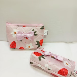 Quilted Strawberry Coin Purse: Handmade Satin Mini Wallet with Bow
