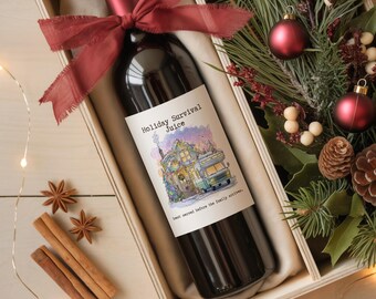 Holiday Survival Juice Wine Label Digital Download • Funny Christmas Wine Label  • Watercolor Christmas House RV • Instant Download