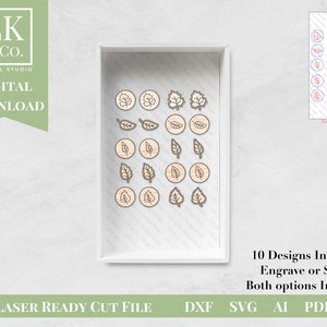 May include: Ten designs of leaf shapes on a wood background. The designs are ready to be cut with a laser cutter. The file formats included are DXF, SVG, AI, and PDF.
