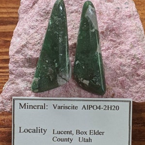 May include: Two green variscite stones, a type of phosphate mineral, on a pink rock. The label reads "Mineral: Variscite AlPO4-2H20 Locality Lucent, Box Elder County Utah Collected By markluttrell57@gmail.com Date"