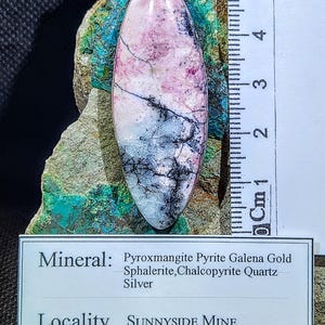 May include: An elongated, polished gemstone with pink, white, and black marbling, approximately 2 inches long, rests on a textured, turquoise-green rock. A ruler in centimeters is next to the stone. A label below lists the mineral composition and location.