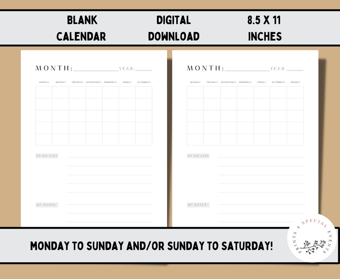 Minimal Vertical Blank Monthly Calendar With Notes and to Do - Etsy