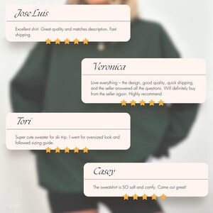 May include: Four customer reviews with five-star ratings for a green sweatshirt. The reviews highlight the quality, design, shipping speed, and comfort of the sweatshirt.