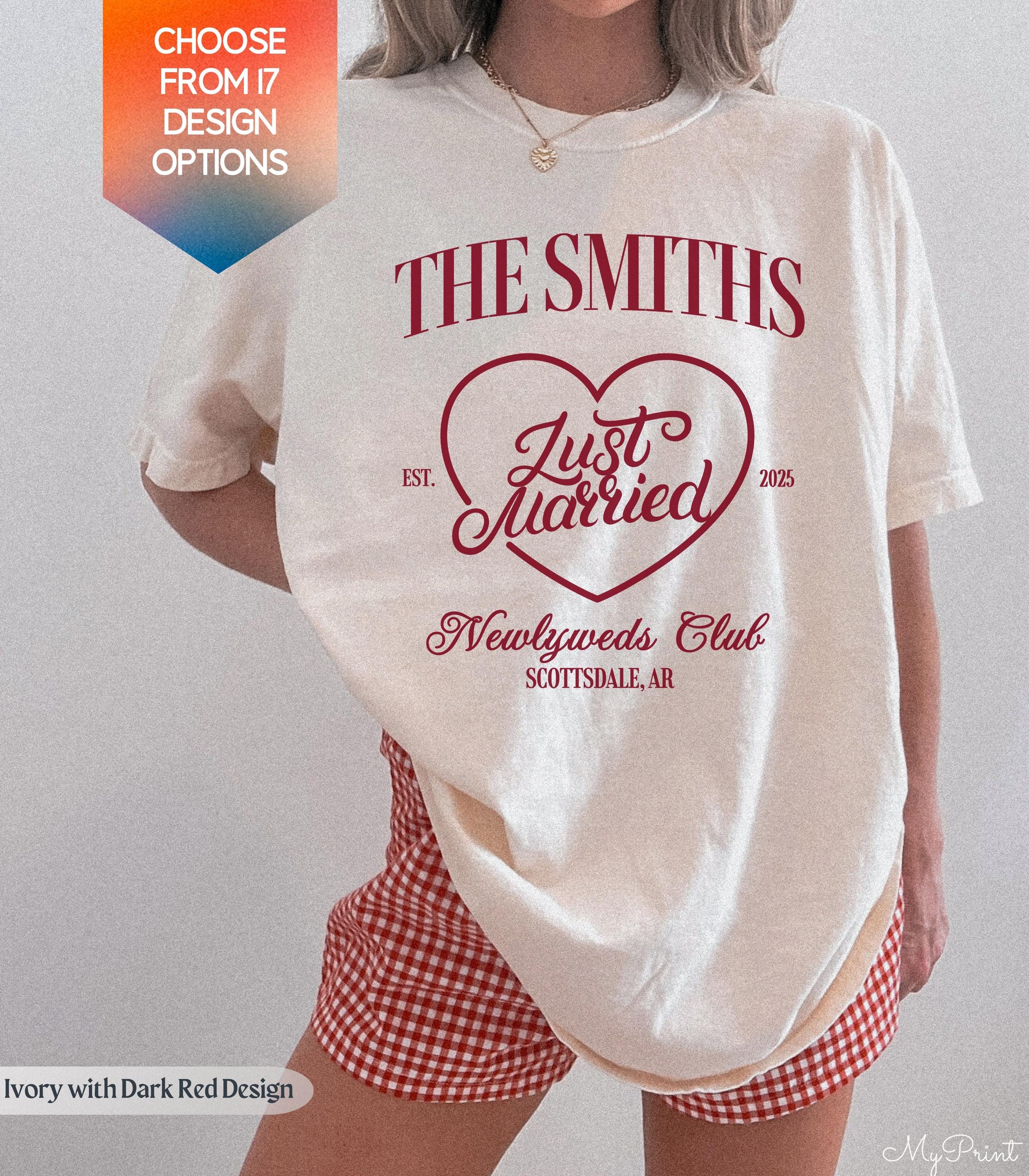 Aangepaste huwelijksreis sociale club shirt, heren en mevrouw comfort kleuren shirts, Just Married shirts, huwelijksreis club shirts, paar Tee