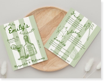 Plantilla de itinerario de despedida de soltera con Margs and Matrimony, plantilla editable para invitación de despedida de soltera, fuente manuscrita para despedida de soltera