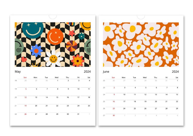 Custom 2024 Wall Retro Calendar With Groovy and Abstract Pattern Wall