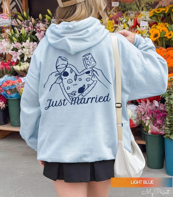 Just Married Hoodie With Pizza, Honeymoon Pullover, Engagement