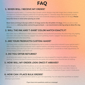 Puede incluir: Una p&aacute;gina de preguntas frecuentes con un fondo degradado, que presenta preguntas y respuestas sobre el procesamiento de pedidos, la coincidencia de colores, productos personalizados, devoluciones, apariencia del pedido y pedidos al por mayor.
