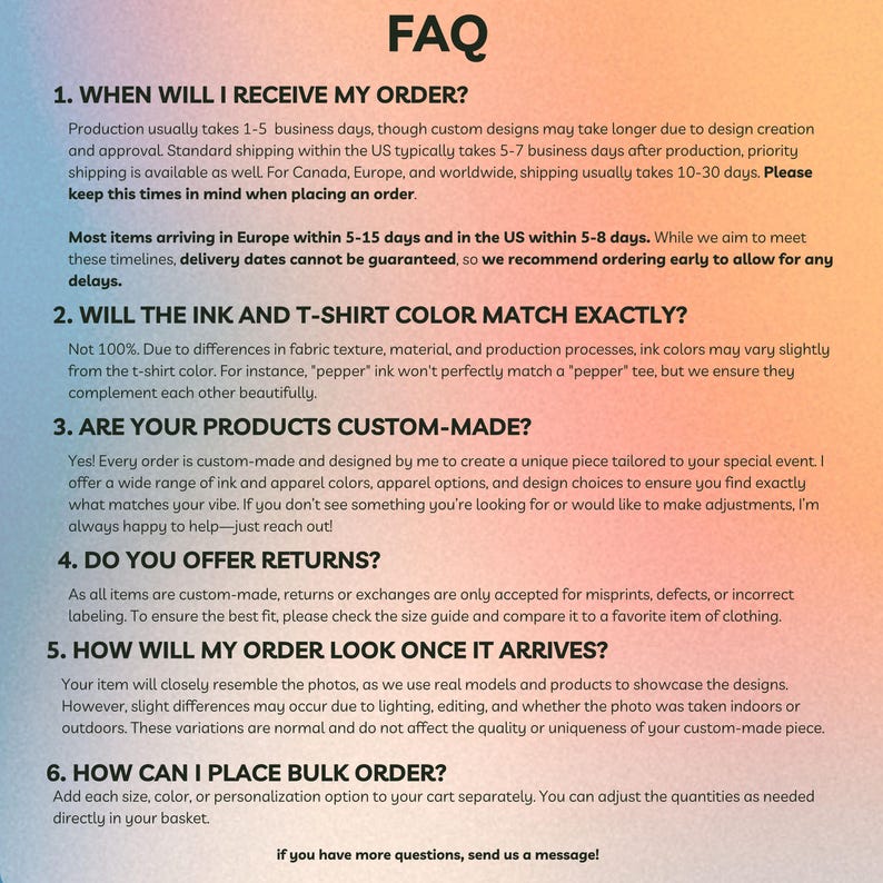 Puede incluir: Una p&aacute;gina de preguntas frecuentes con un fondo degradado, que presenta preguntas y respuestas sobre el procesamiento de pedidos, la coincidencia de colores, productos personalizados, devoluciones, apariencia del pedido y pedidos al por mayor.