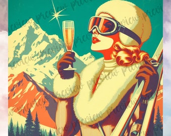 Apres Ski Retro Vintage Poster of Woman Drinking Champagne on the