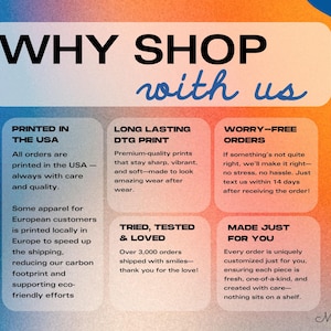 Puede incluir: Un anuncio con el texto "WHY SHOP with us" en un dise&ntilde;o blanco y azul. La imagen destaca los beneficios de la tienda, incluyendo la impresi&oacute;n en EE. UU., impresiones DTG duraderas, pedidos sin preocupaciones y art&iacute;culos hechos solo para ti.
