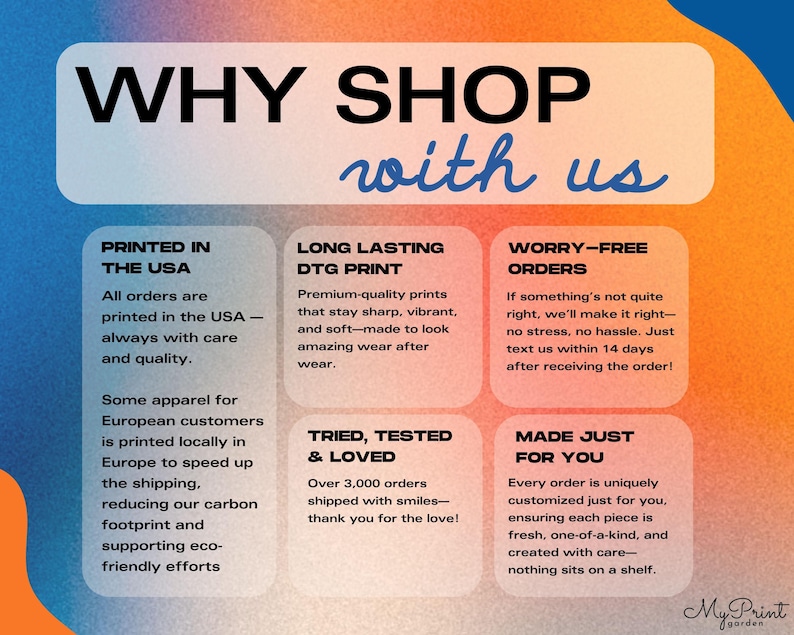 Puede incluir: Un anuncio con el texto "WHY SHOP with us" en un dise&ntilde;o blanco y azul. La imagen destaca los beneficios de la tienda, incluyendo la impresi&oacute;n en EE. UU., impresiones DTG duraderas, pedidos sin preocupaciones y art&iacute;culos hechos solo para ti.