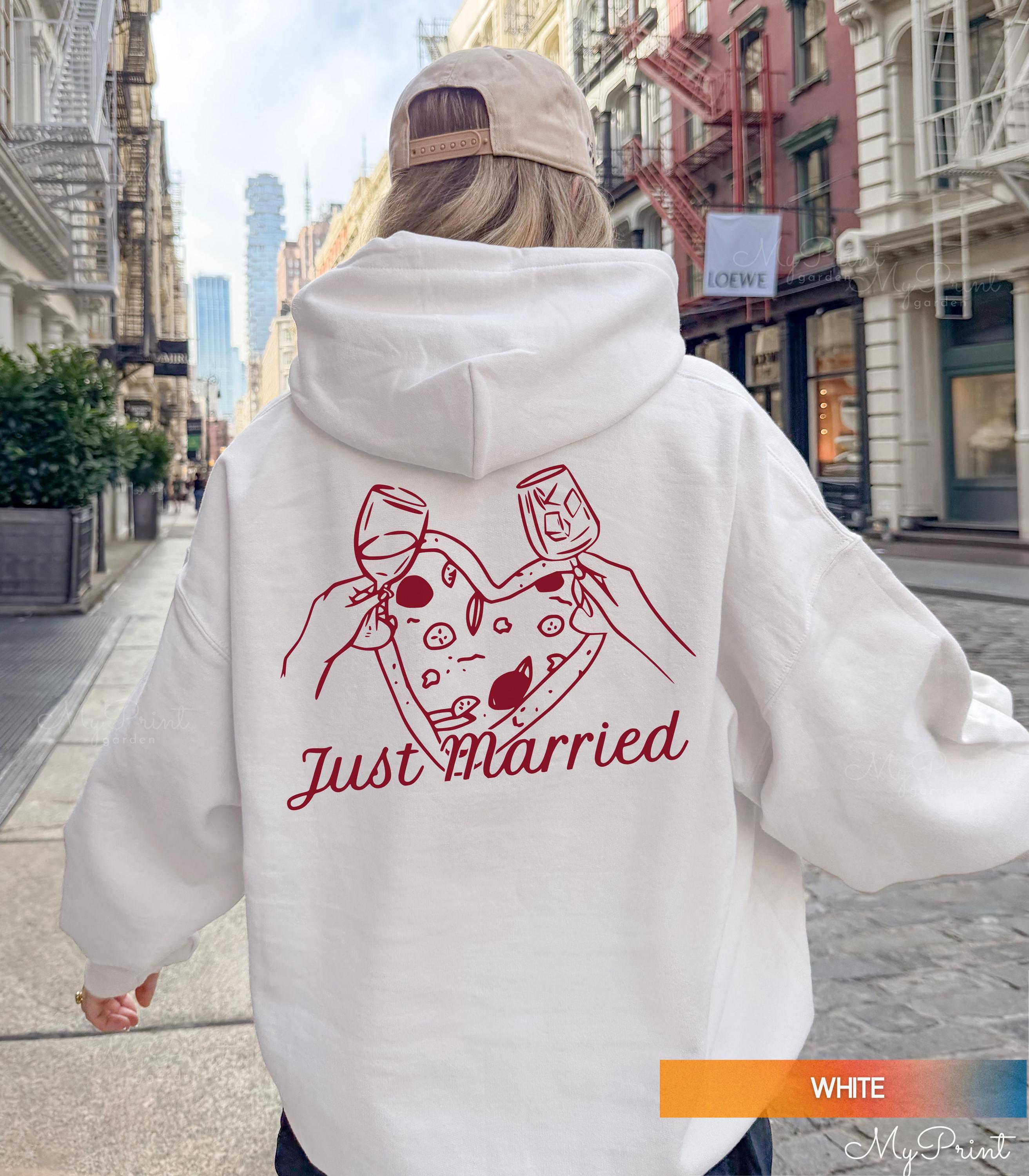 Just Married Hoodie With Pizza, Honeymoon Pullover, Engagement