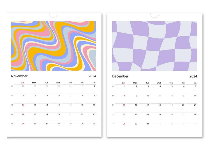 Custom 2024 Wall Retro Calendar With Groovy and Abstract Pattern Wall