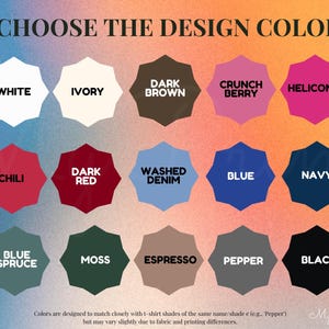 Puede incluir: Un gr&aacute;fico que muestra una tabla de colores con el texto "CHOOSE THE DESIGN COLOR". La tabla presenta varias opciones de color, incluyendo blanco, marfil, marr&oacute;n oscuro, crunch berry y heliconia. Colores adicionales son chili, rojo oscuro, denim lavado, azul, marino, azul abeto, musgo, espresso, pimienta y negro.