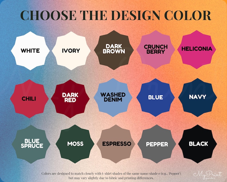Puede incluir: Un gr&aacute;fico que muestra una tabla de colores con el texto "CHOOSE THE DESIGN COLOR". La tabla presenta varias opciones de color, incluyendo blanco, marfil, marr&oacute;n oscuro, crunch berry y heliconia. Colores adicionales son chili, rojo oscuro, denim lavado, azul, marino, azul abeto, musgo, espresso, pimienta y negro.
