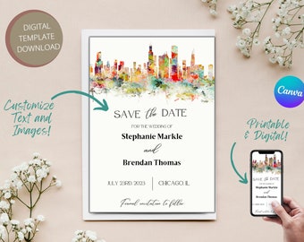 Chicago Skyline Save the Date Template, Digital Download, Skyline Save the Date, Template Instant Download