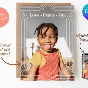 Peace Love Joy Holiday Card Template, Abstract Digital Download, Minimal Modern Christmas Card Template, Printable Holiday Cards