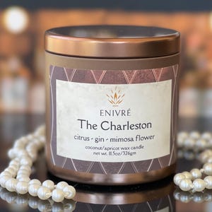 The Charleston Candle, Gin and Juice Fragrance, 11oz  Bronze Tin, Long-Burning Sustainable Coconut-Apricot Wax, Art Deco Decor, 1920s Home