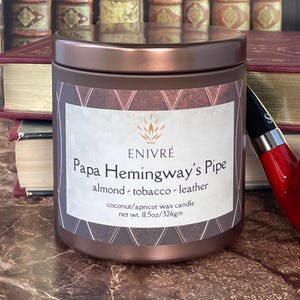 Papa Hemingways Pipe Candle, Tobacco Leather Almond Fragrance, 11oz Bronze Tin, Long-Burning Sustainable Coconut-Apricot Wax, Art Deco Decor
