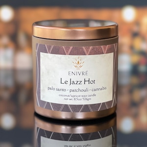 Le Jazz Hot Candle, Palo Santo Patchouli Cannabis, Coconut-Apricot Wax, 11oz Bronze Tin, Art Deco Decor, Container Candle Luxury, Aesthetic