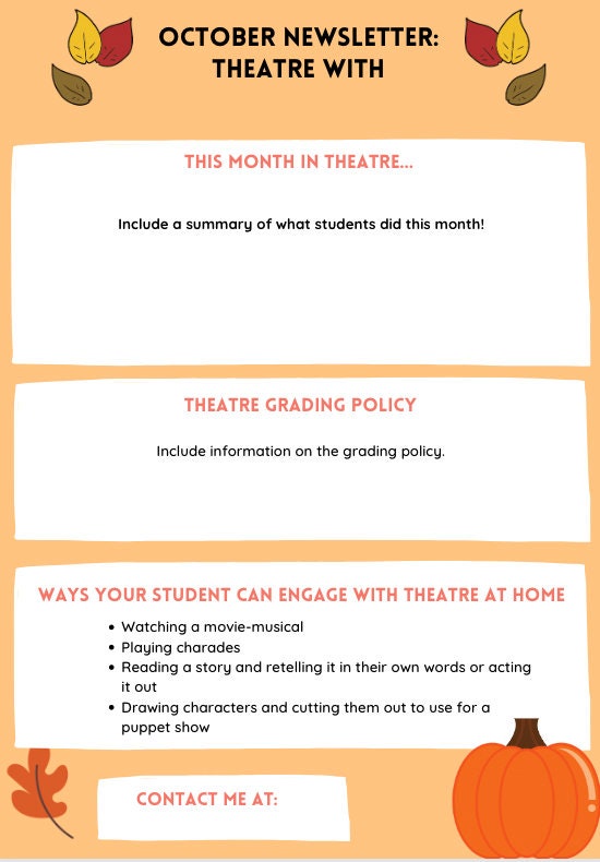 Editable Elementary Theater Class Monthly Newsletter Templates - Etsy