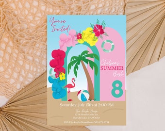 Summer Birthday Invitation | Girl Birthday Invitation | Printable Invitation Template | Palm Tree Birthday Invite | Tropical Birthday Invite