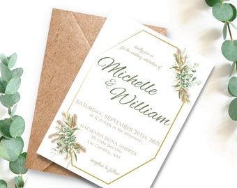 Greenery Eucalyptus Wedding Invitation | Printable Invitation Template |Traditional Wedding Invitation | Boho Wedding Invitation Gold |