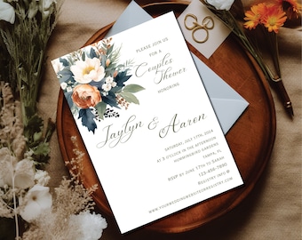Rustikale Blumen Paare Duschen-Einladung | Druckbare Einladung Vorlage | Hochzeitsparty Aquarell | Rostorange und marineblaue Boho Hochzeit